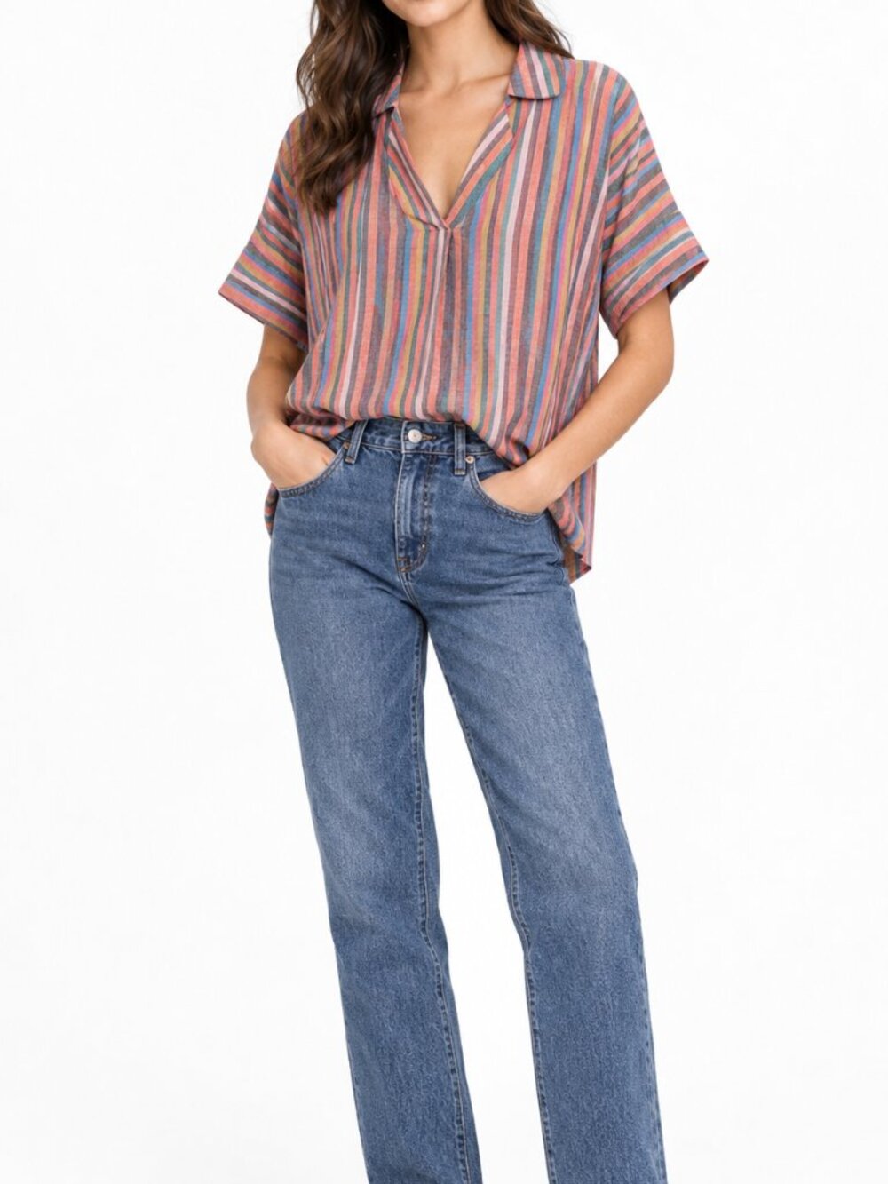 Madewell S Multicolor Stripe Camp Collar Blouse Boho Back-Button Top